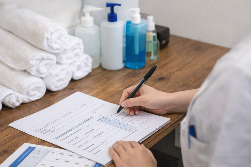 Cosmetologist completing continuing education paperwork with clean towels and sanitation supplies for license renewal