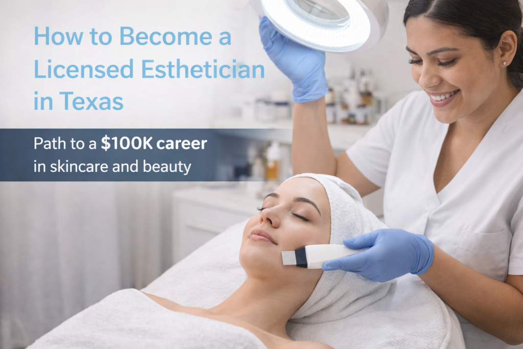 Esthetician performing a professional facial treatment in a spa while learning how to become a licensed esthetician in Texas