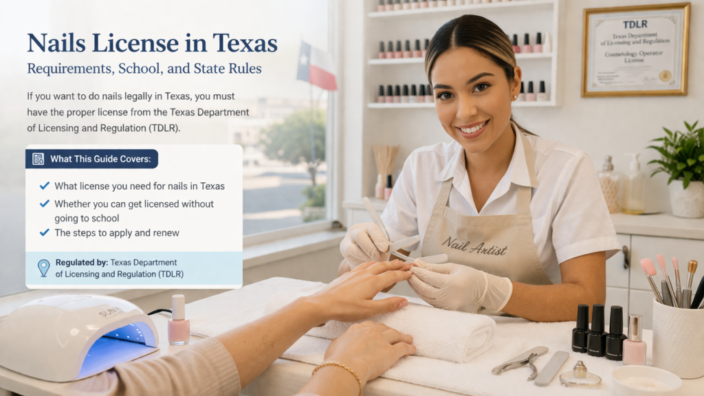 Licensed nail technician performing manicure service in Texas salon with professional nail tools
