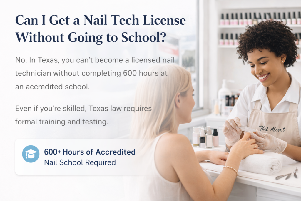 Nail technician student training in a licensed cosmetology school required to get a nail tech license in Texas