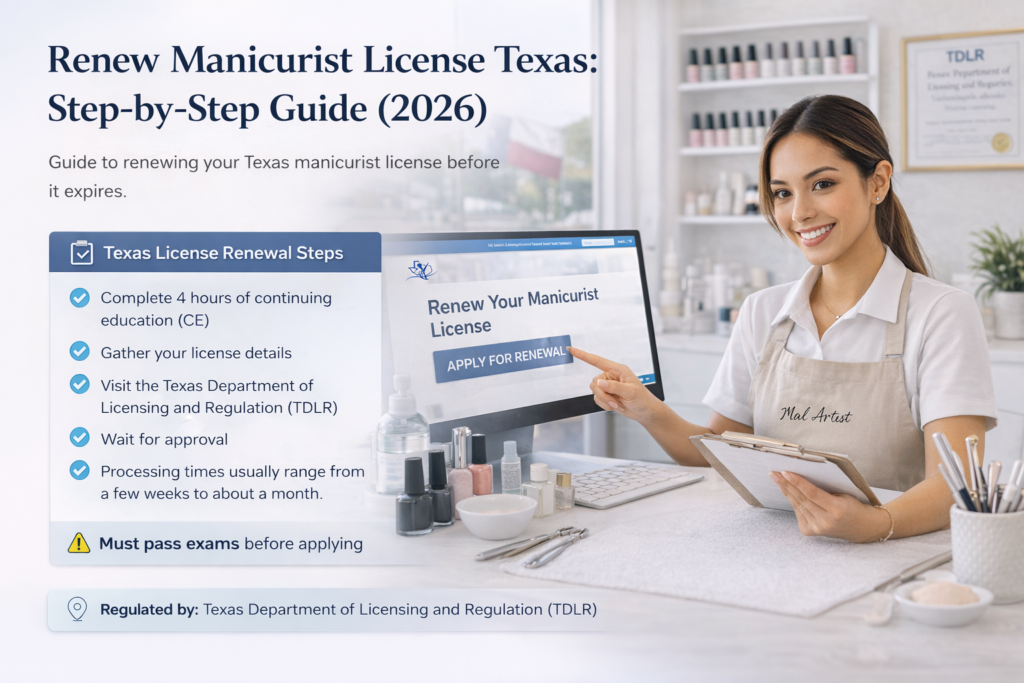 Manicurist renewing Texas nail license online with manicure tools and salon workspace