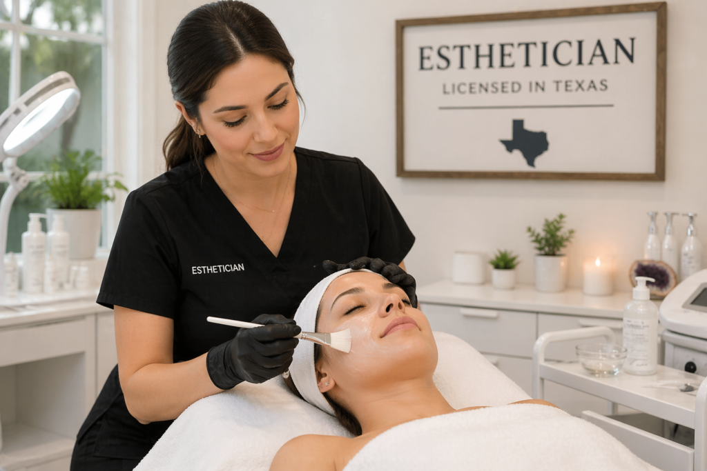 esthetician performing facial treatment in Texas spa during license renewal process