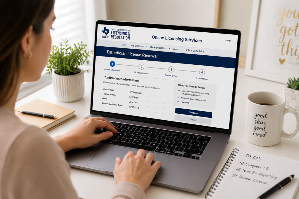 renewing esthetician license online Texas TDLR portal step by step