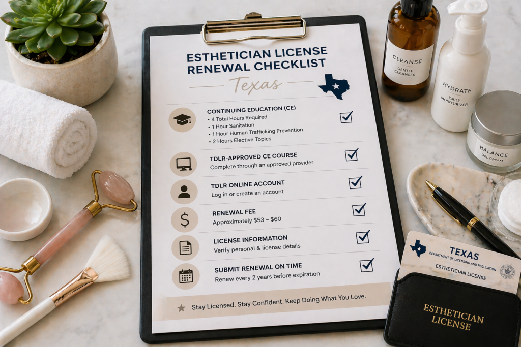 esthetician license renewal requirements checklist Texas CE hours and documents