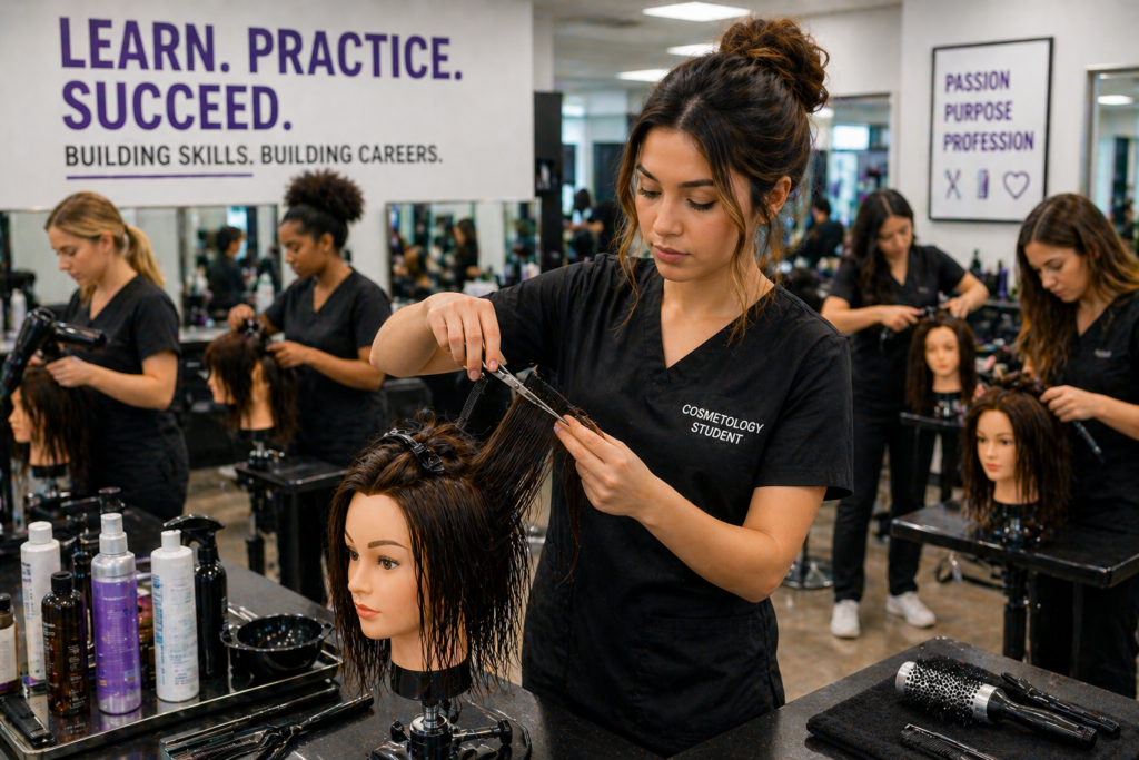 cosmetology student practicing hands on training texas