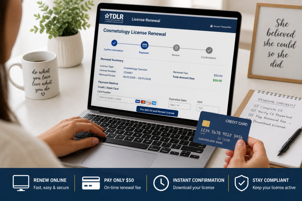 renew texas cosmetology license online fee payment