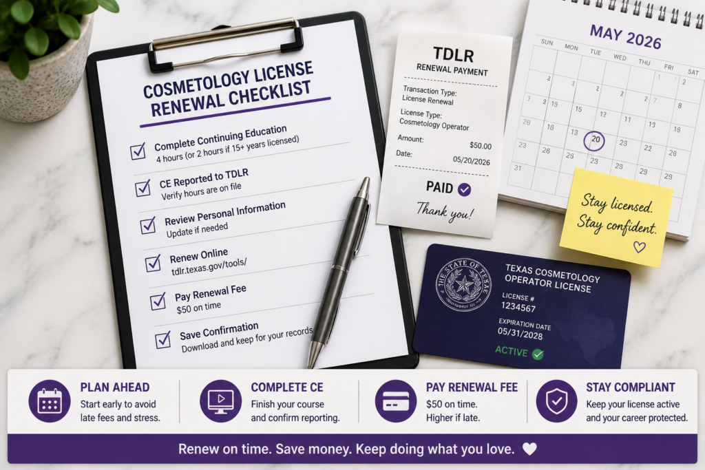 texas cosmetology license renewal fee checklist and receipt