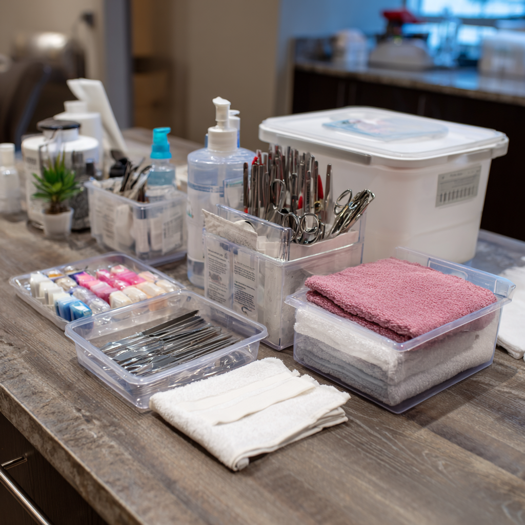Nail salon manicure station with required sanitation equipment