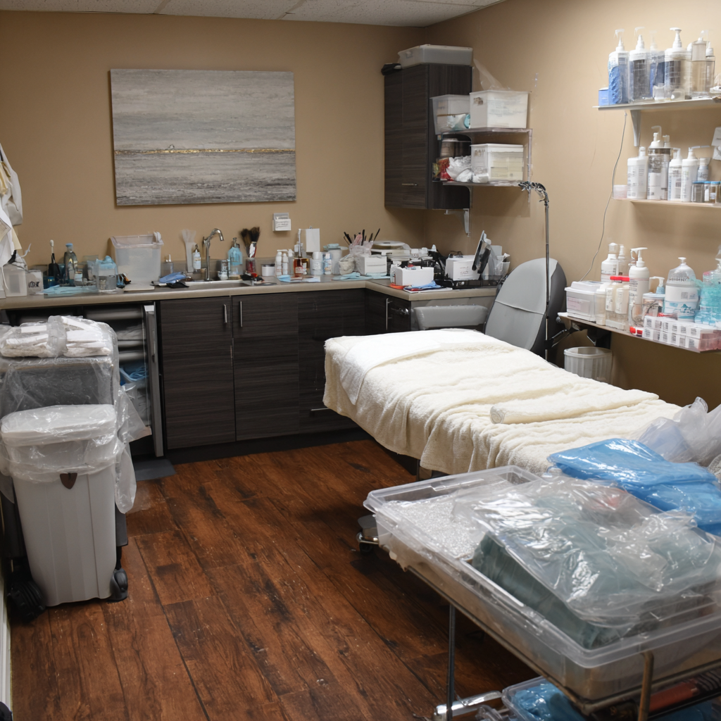 Sanitary microblading treatment room with disposable tools and safety supplies.