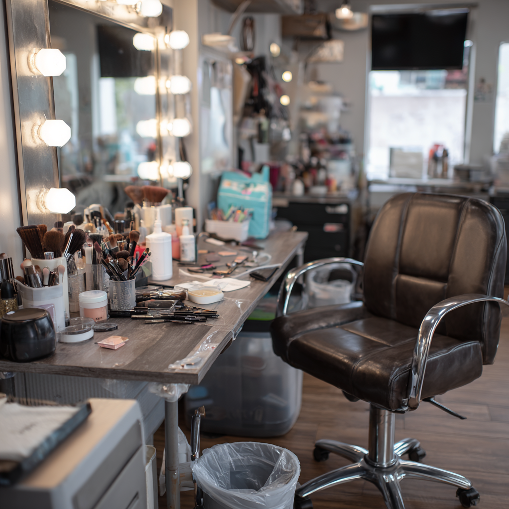 Clean Texas beauty studio with makeup chair and organized supplies