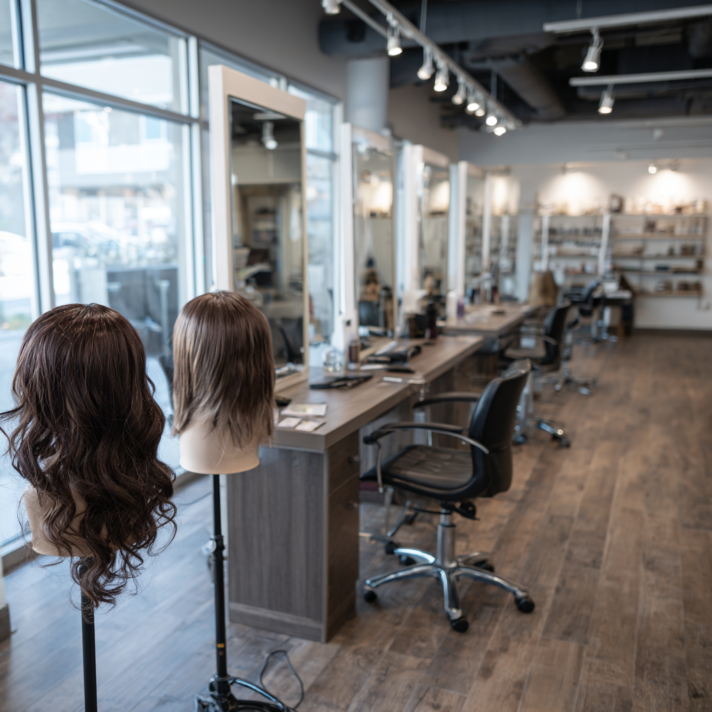 Texas wig consultation studio with styled wigs and professional beauty setup