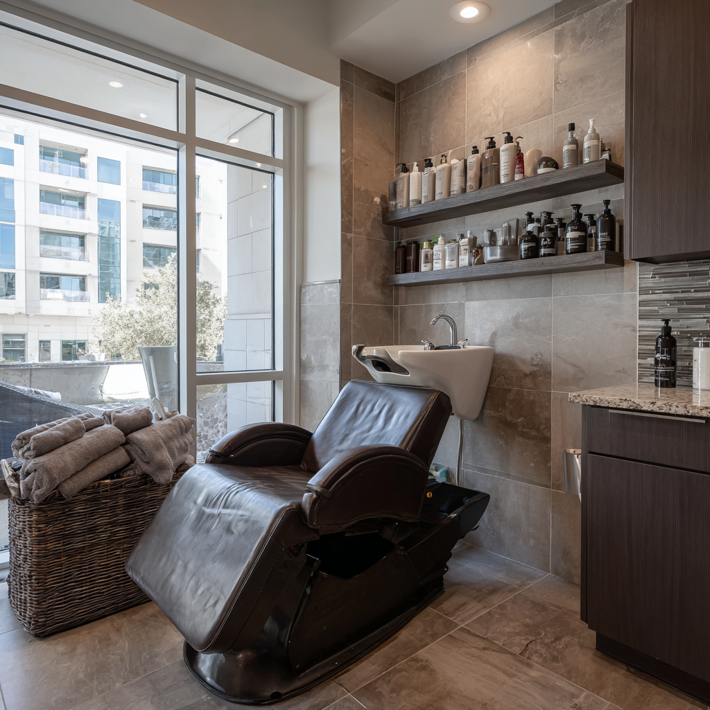 Texas salon shampoo station with professional hair care setup