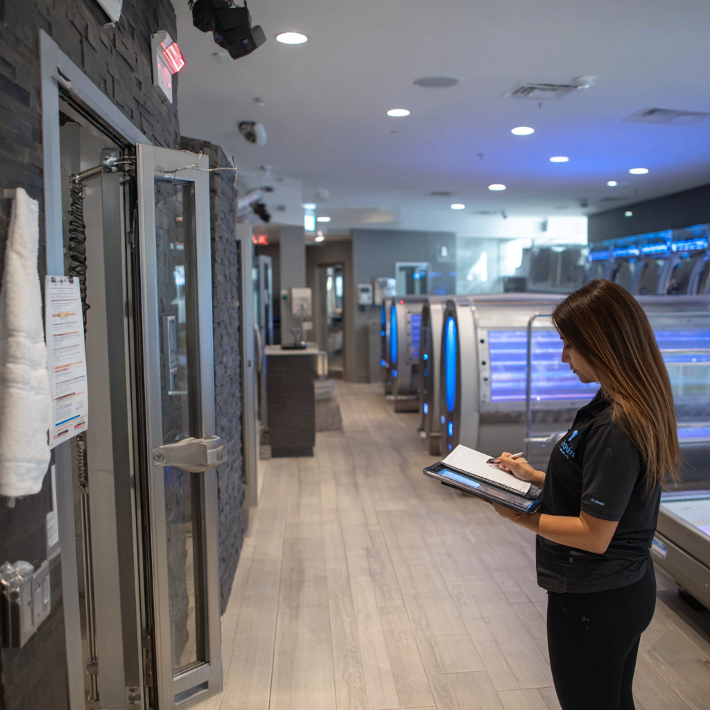 Texas tanning salon owner reviewing compliance requirements in a clean reception area