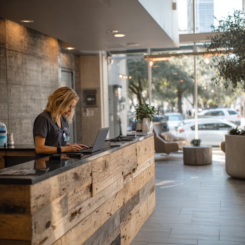 Texas cosmetology professional renewing a TDLR license online from a salon desk