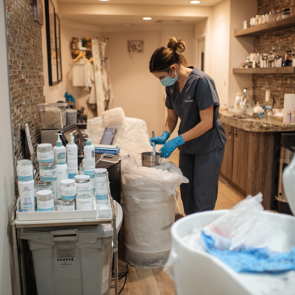 Licensed esthetician preparing a sanitized treatment room in Texas spa