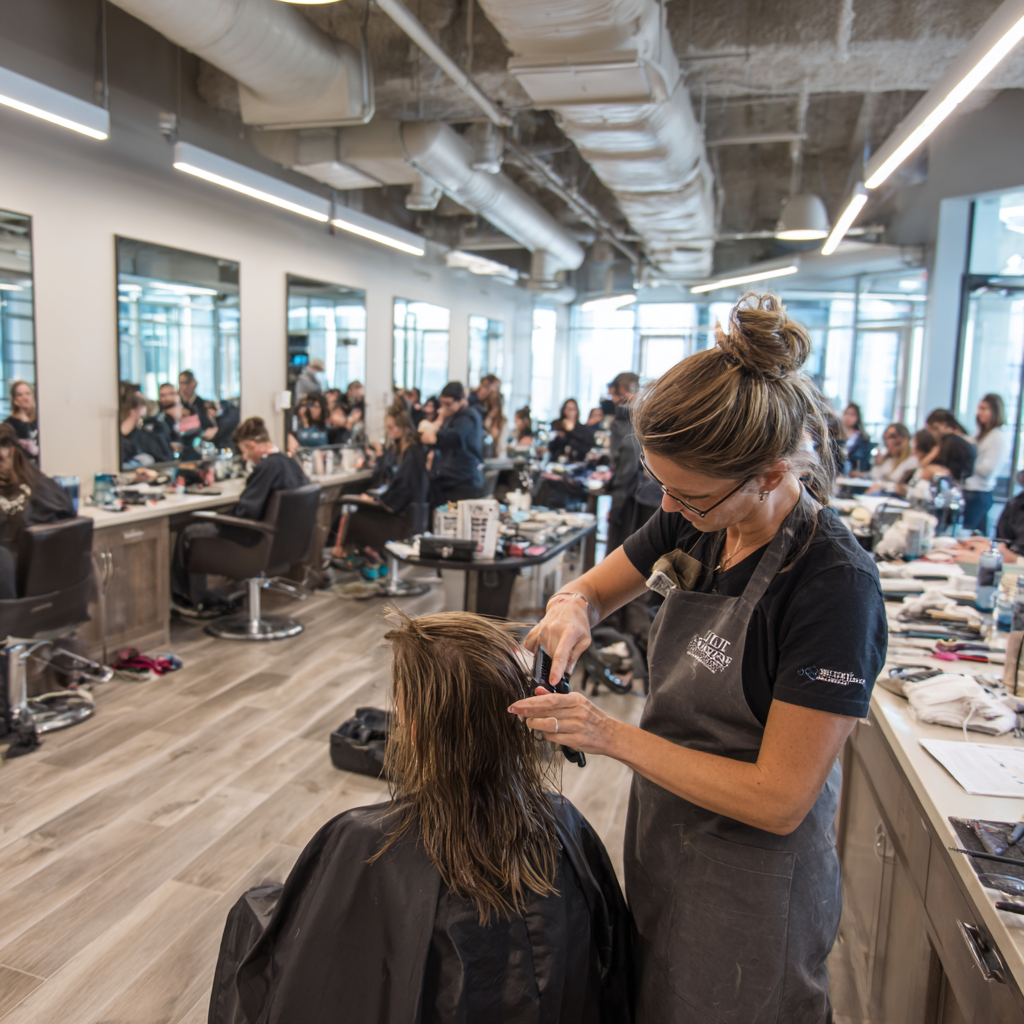 Texas cosmetology educator demonstrating a professional technique in a classroom