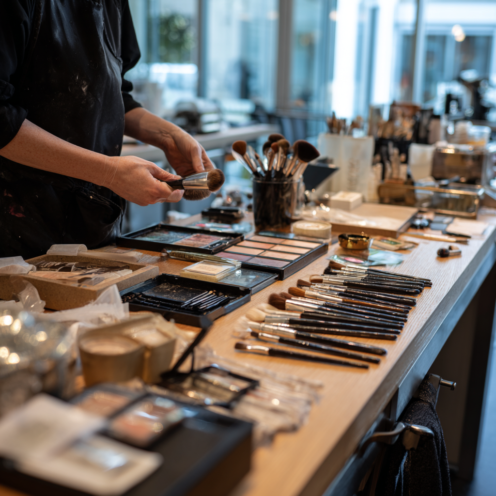 Texas makeup artist preparing a clean makeup station