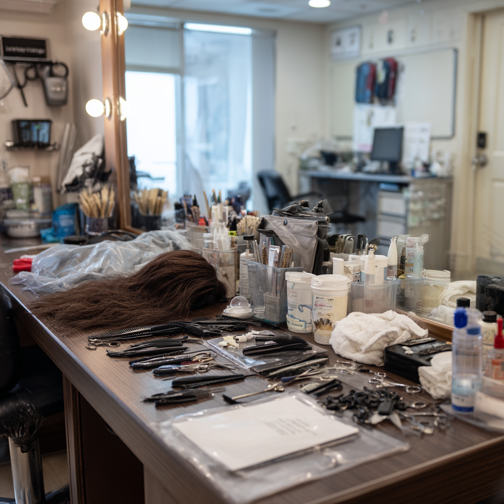 Wig styling workstation with salon tools and sanitation supplies in Texas