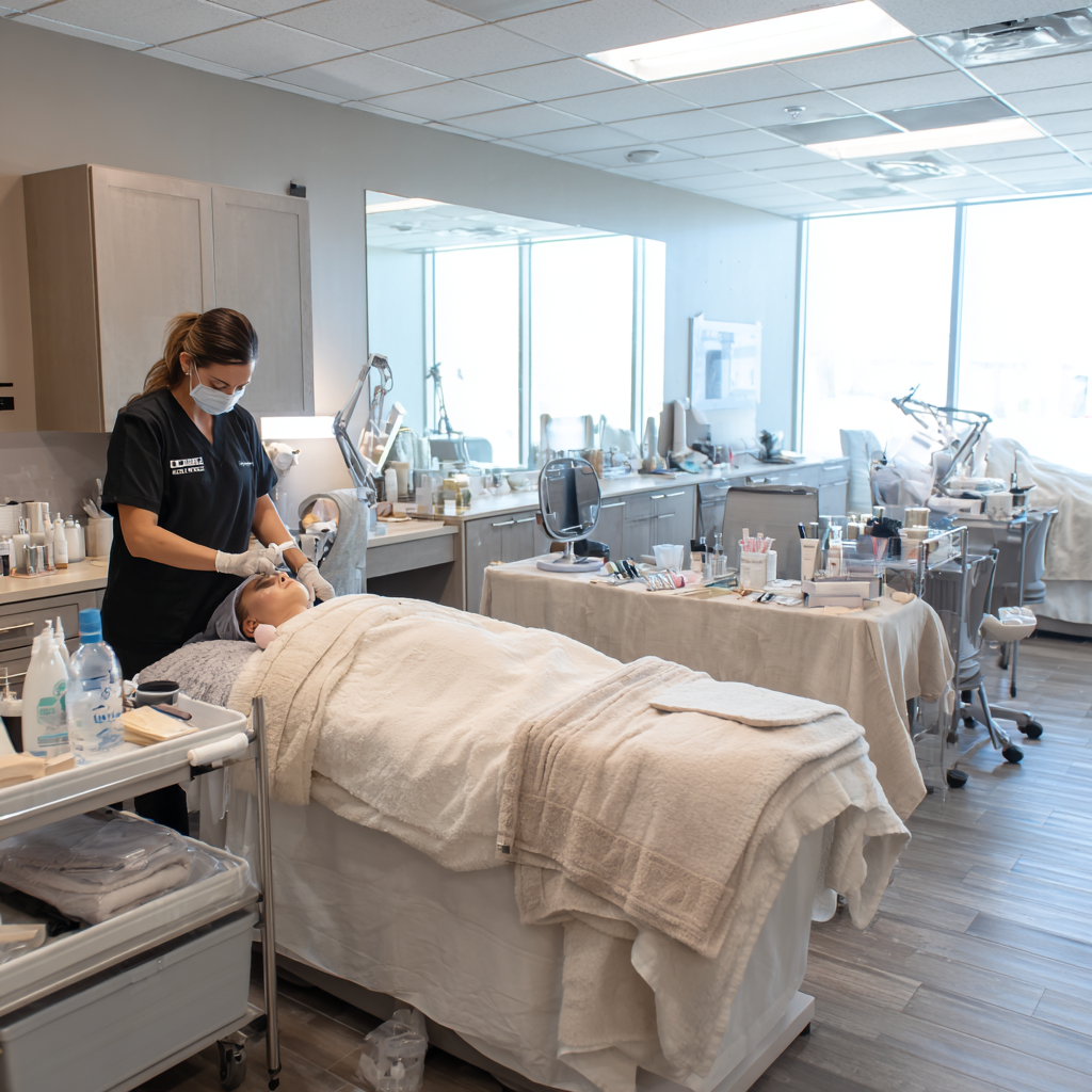 Texas esthetician student practicing facial treatment in a clean training room