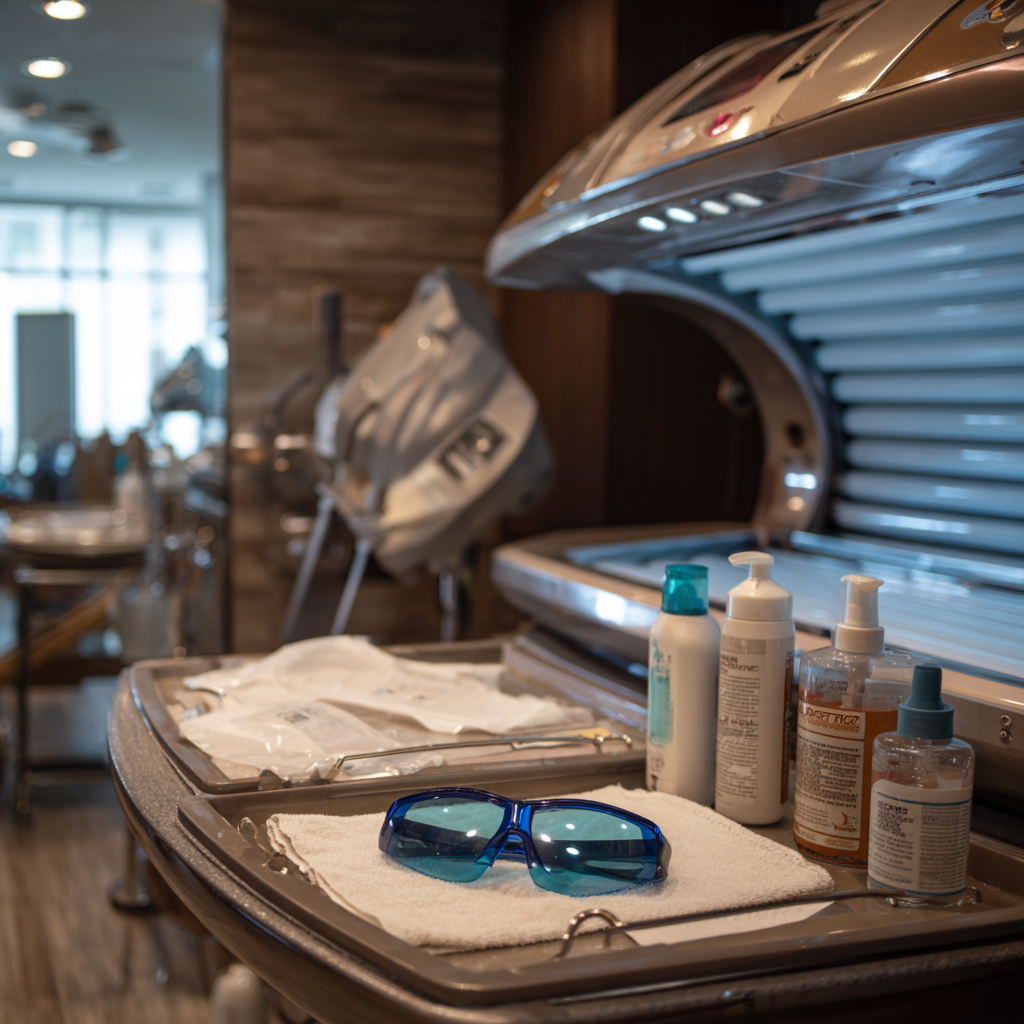 Sanitized private tanning room with modern tanning equipment and protective eyewear