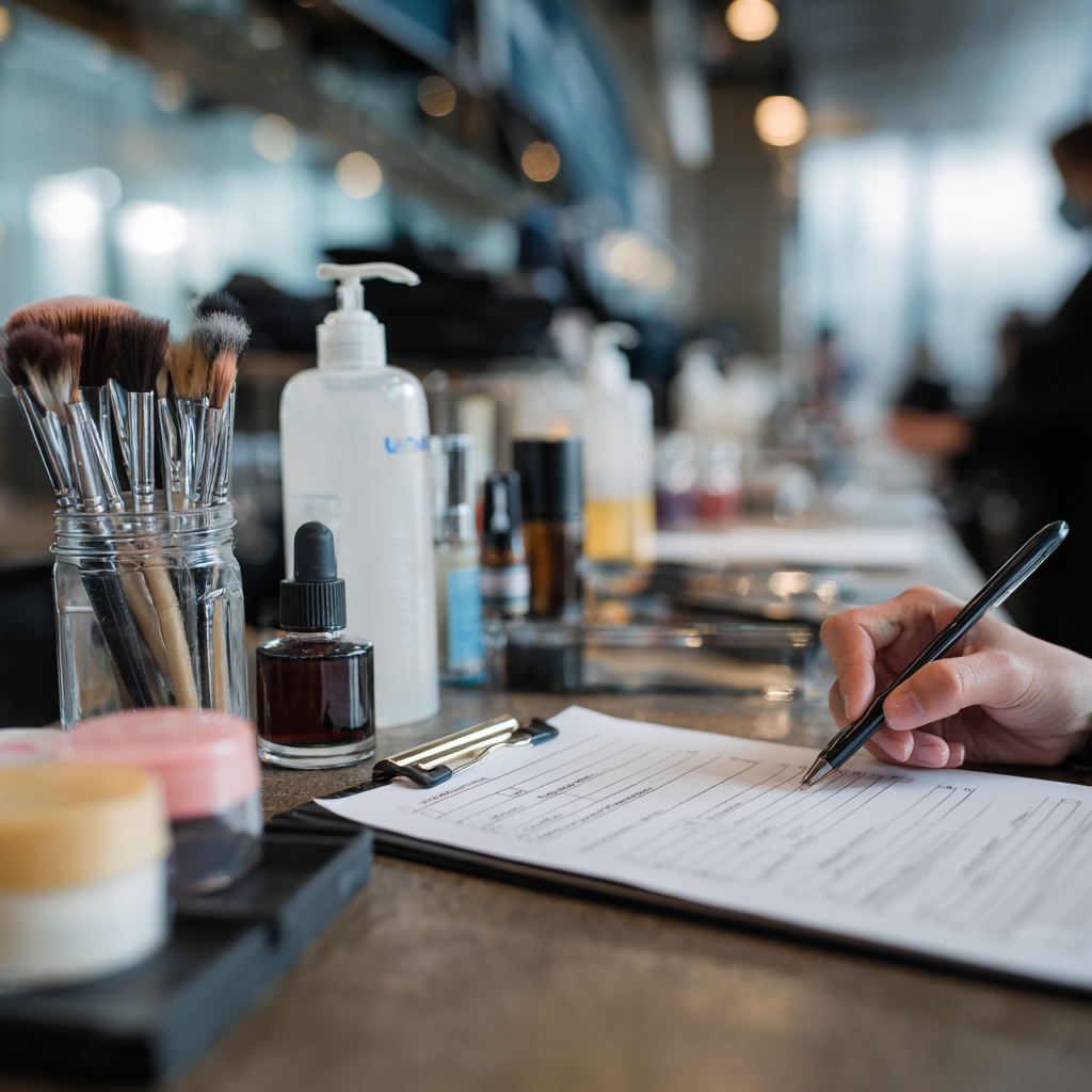 Licensed beauty professional reviewing a TDLR checklist with makeup tools
