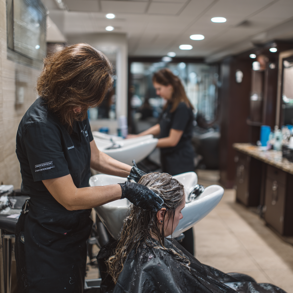 Texas cosmetology student shampooing hair in a licensed salon
