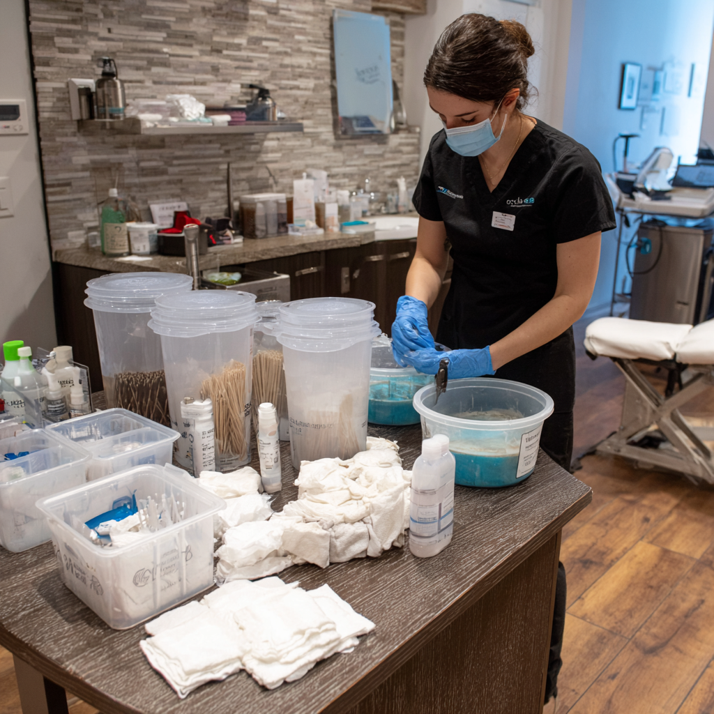 Licensed Texas esthetician organizing waxing sanitation supplies