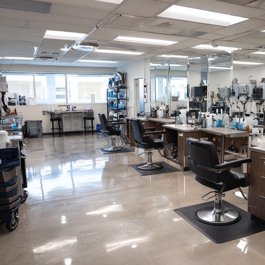 Modern Texas cosmetology school classroom with styling stations