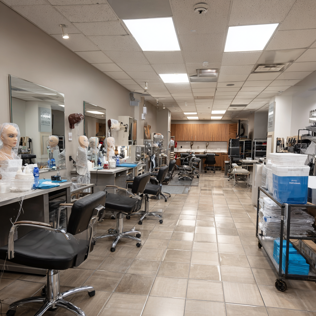 Modern Texas cosmetology school classroom with styling stations