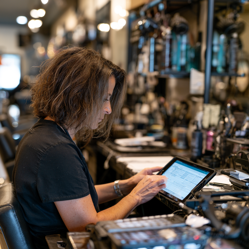 Texas cosmetology operator reviewing license renewal requirements at a salon station