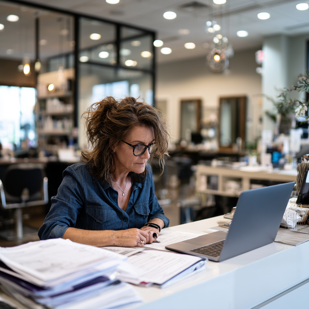 Texas salon owner reviewing cosmetology salon license renewal documents