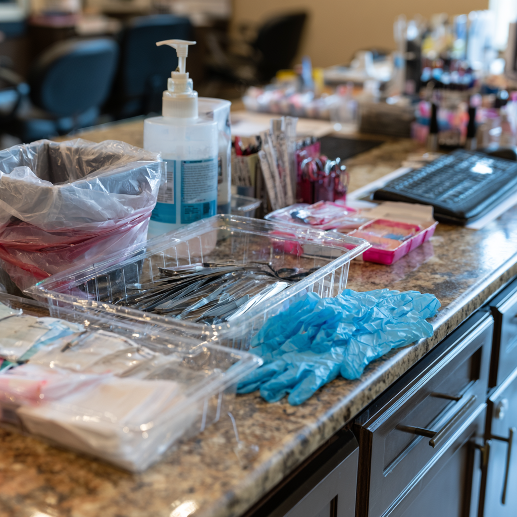 Sanitized manicure station for Texas manicurist license compliance