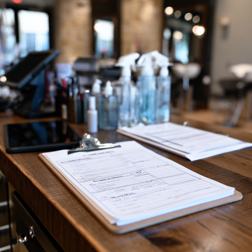 Cosmetology salon renewal checklist with license and sanitation supplies