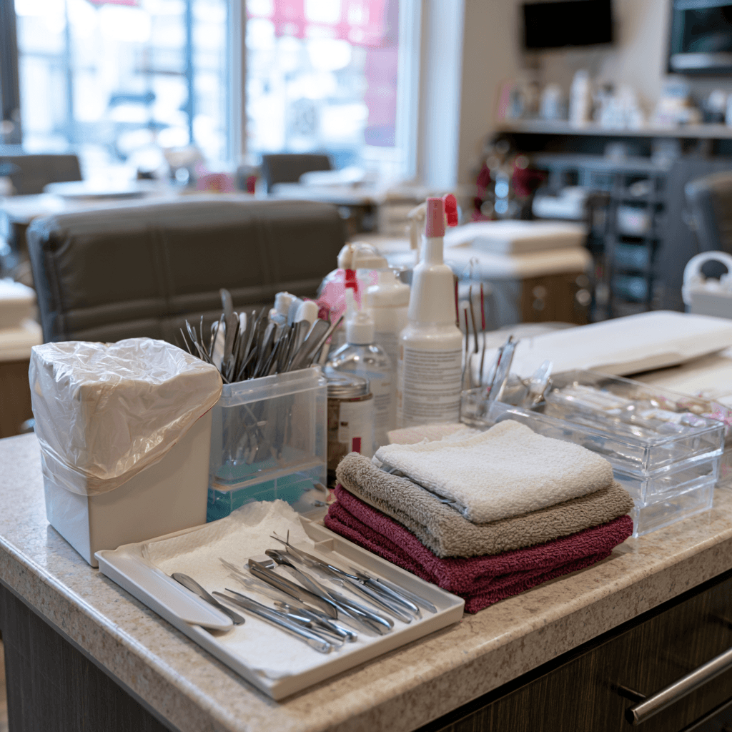 Sanitized manicure workstation with nail tools and disinfecting supplies