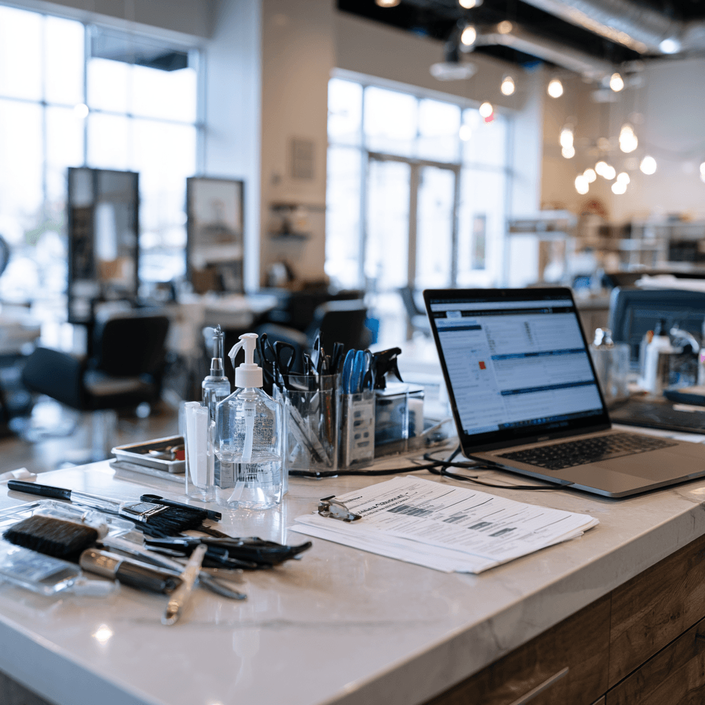 Cosmetology workstation with license renewal checklist and continuing education course materials