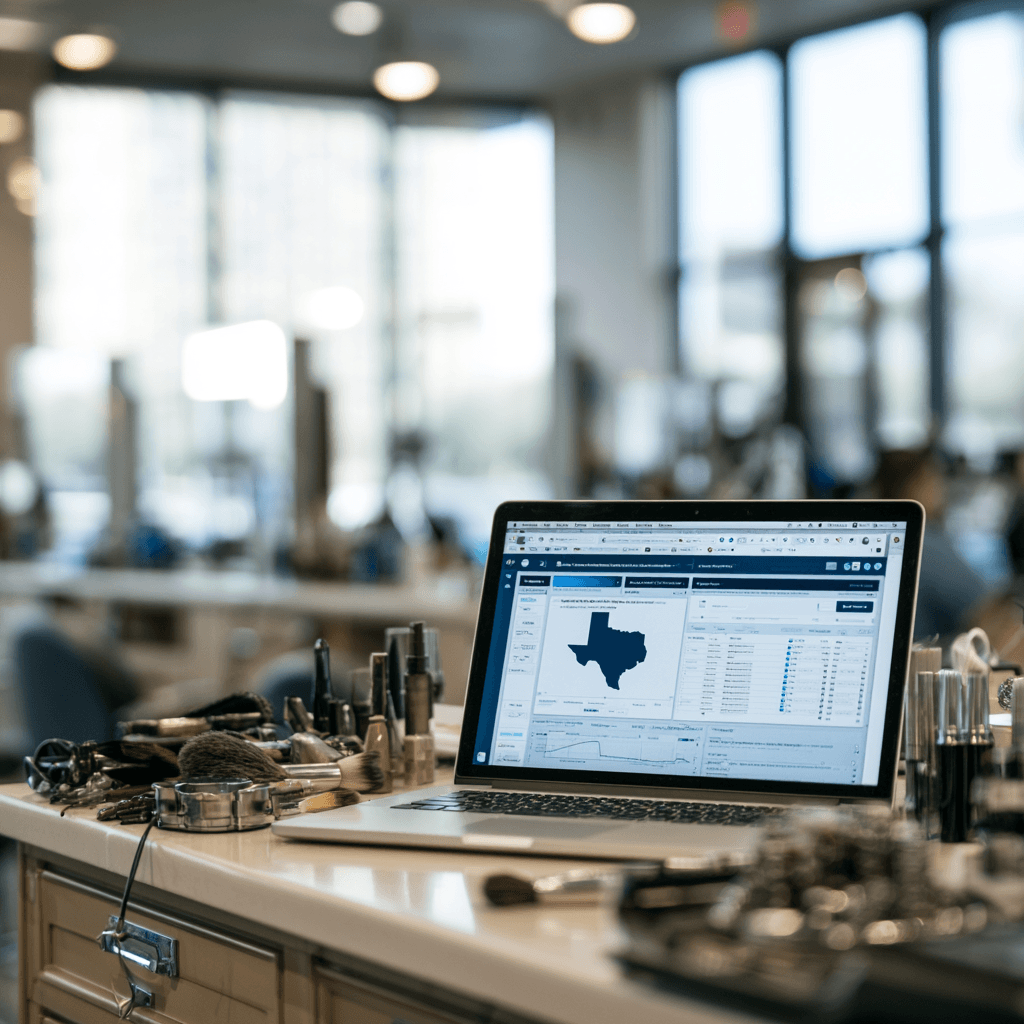 Professional Texas cosmetology licensing scene with license renewal materials