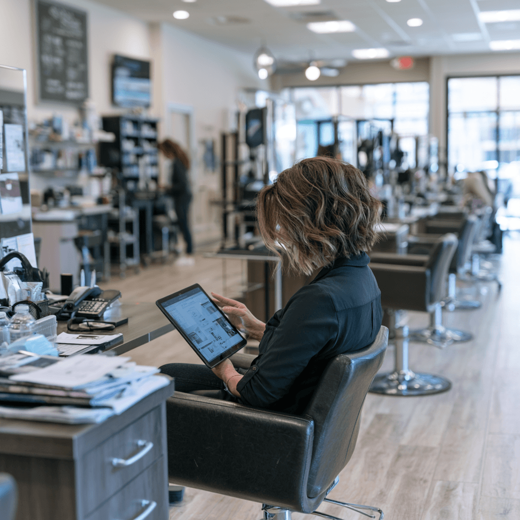 Texas cosmetology professional completing continuing education in a modern salon