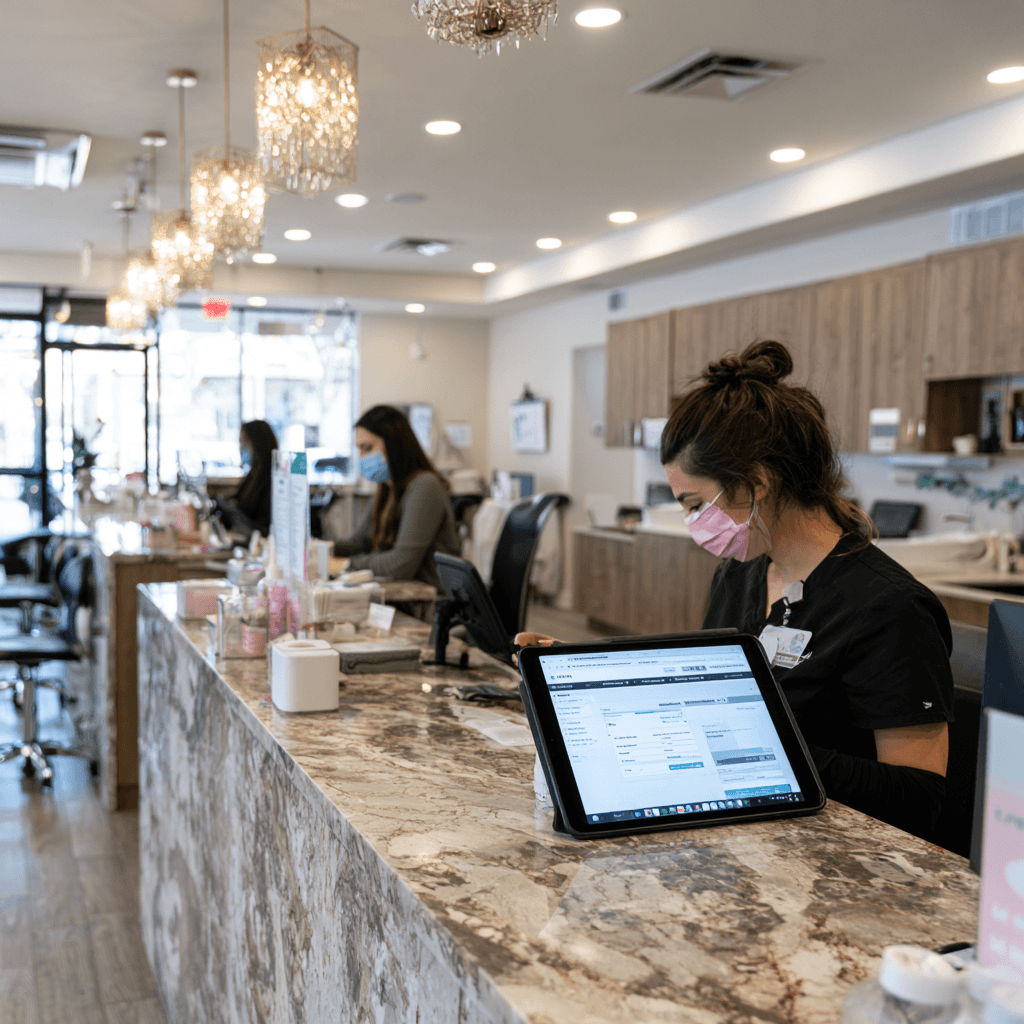 Texas nail salon professional using a tablet for license renewal information