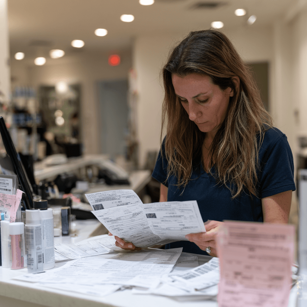 Texas salon owner checking establishment license renewal documents