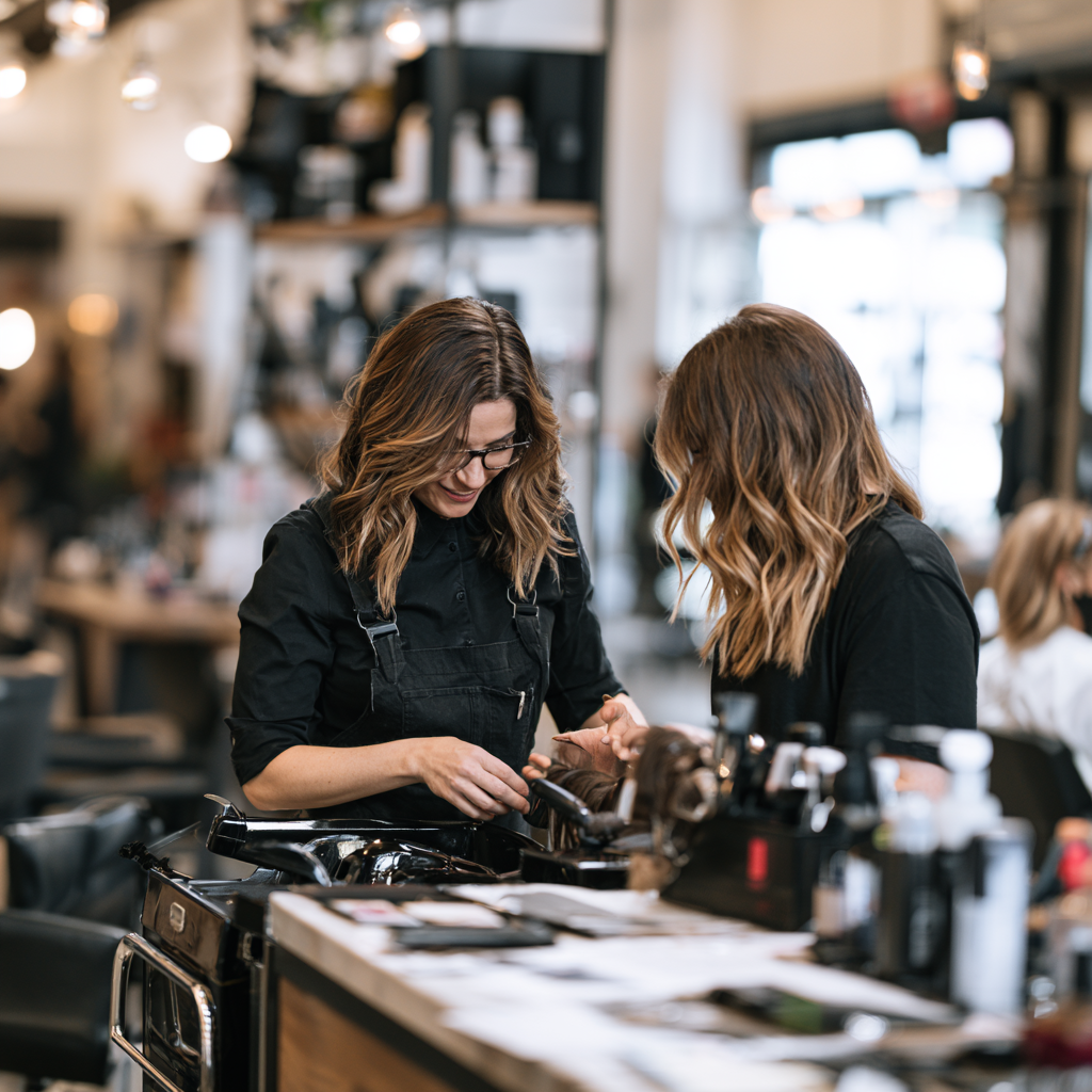 Licensed cosmetologist mentoring a salon assistant in Texas