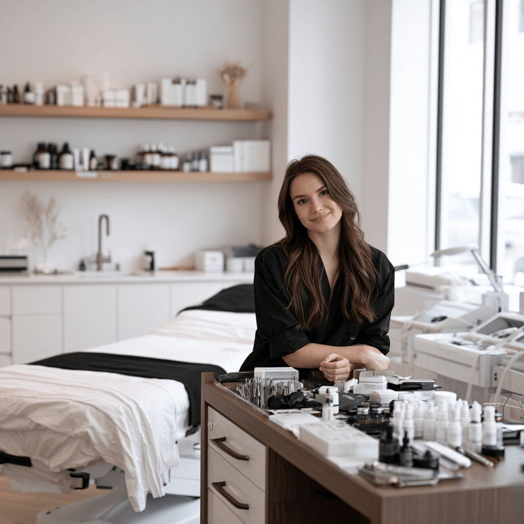 Licensed Texas esthetician working in a professional skincare treatment room