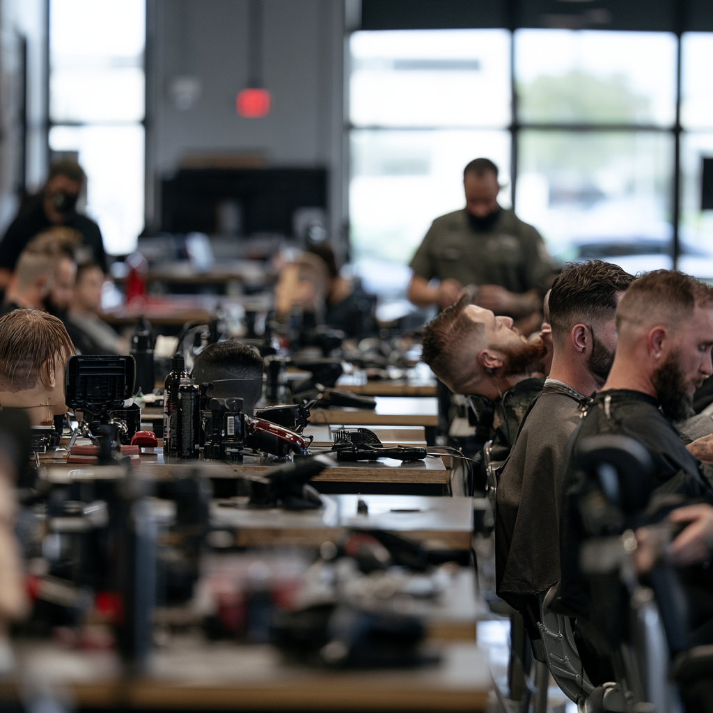 Students training at a barber school in Texas with professional barber stations.
