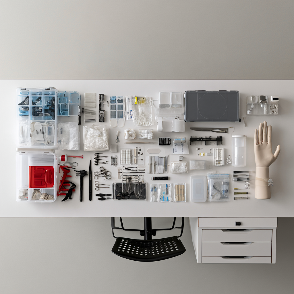 Organized Texas manicurist practical exam kit with nail supplies